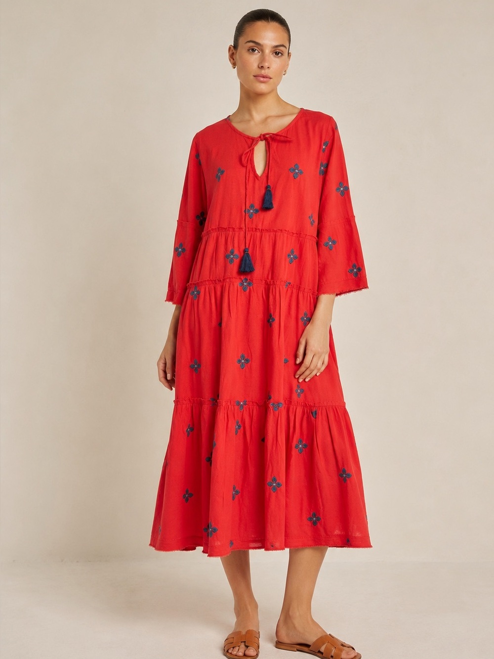 Aspiga Organic Cotton Embroidered Tiered Midi Dress Red Blue Floral Size M